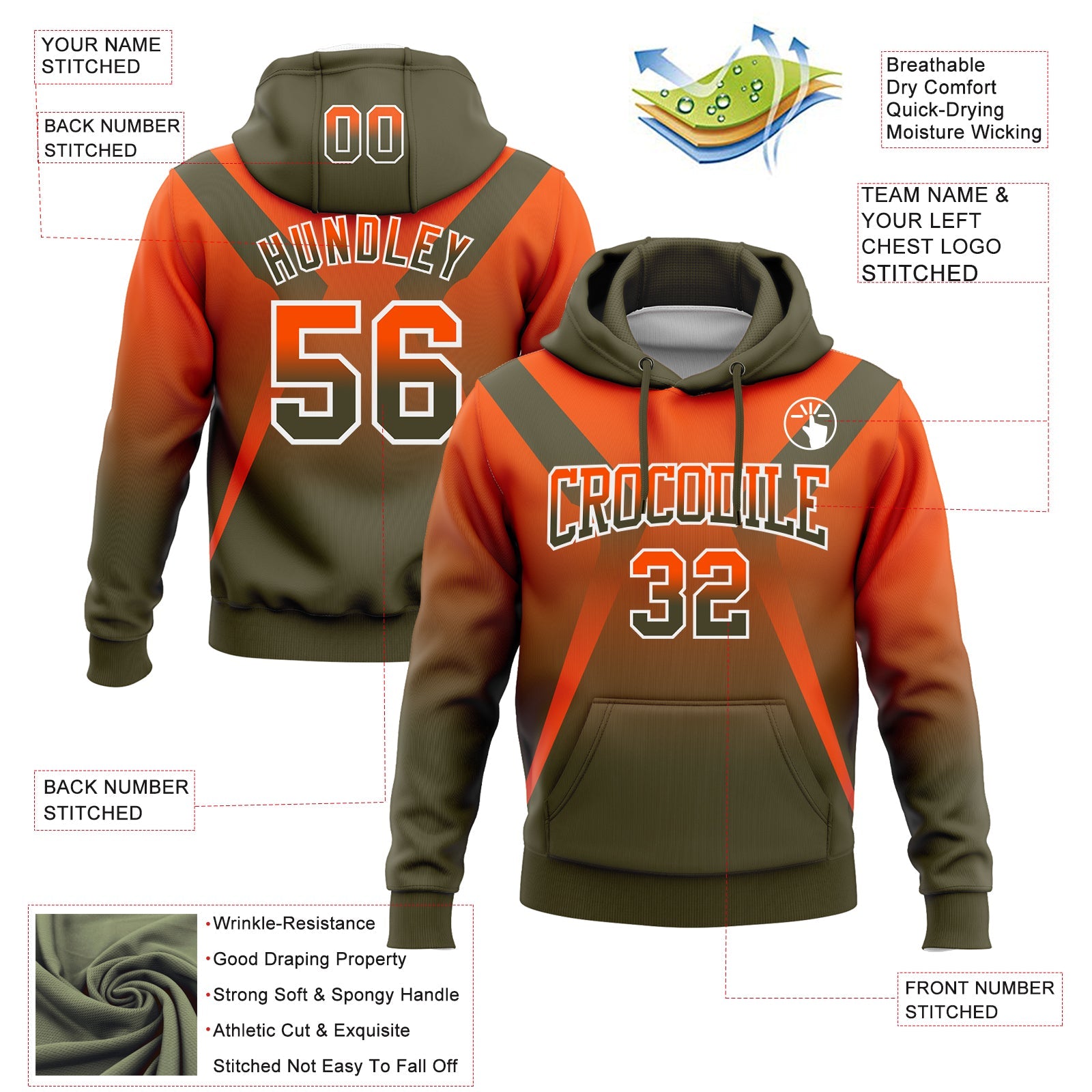 Custom Stitched Orange Olive-White Fade Fashion Arrow Sports Pullover Sweatshirt Hoodie view 2