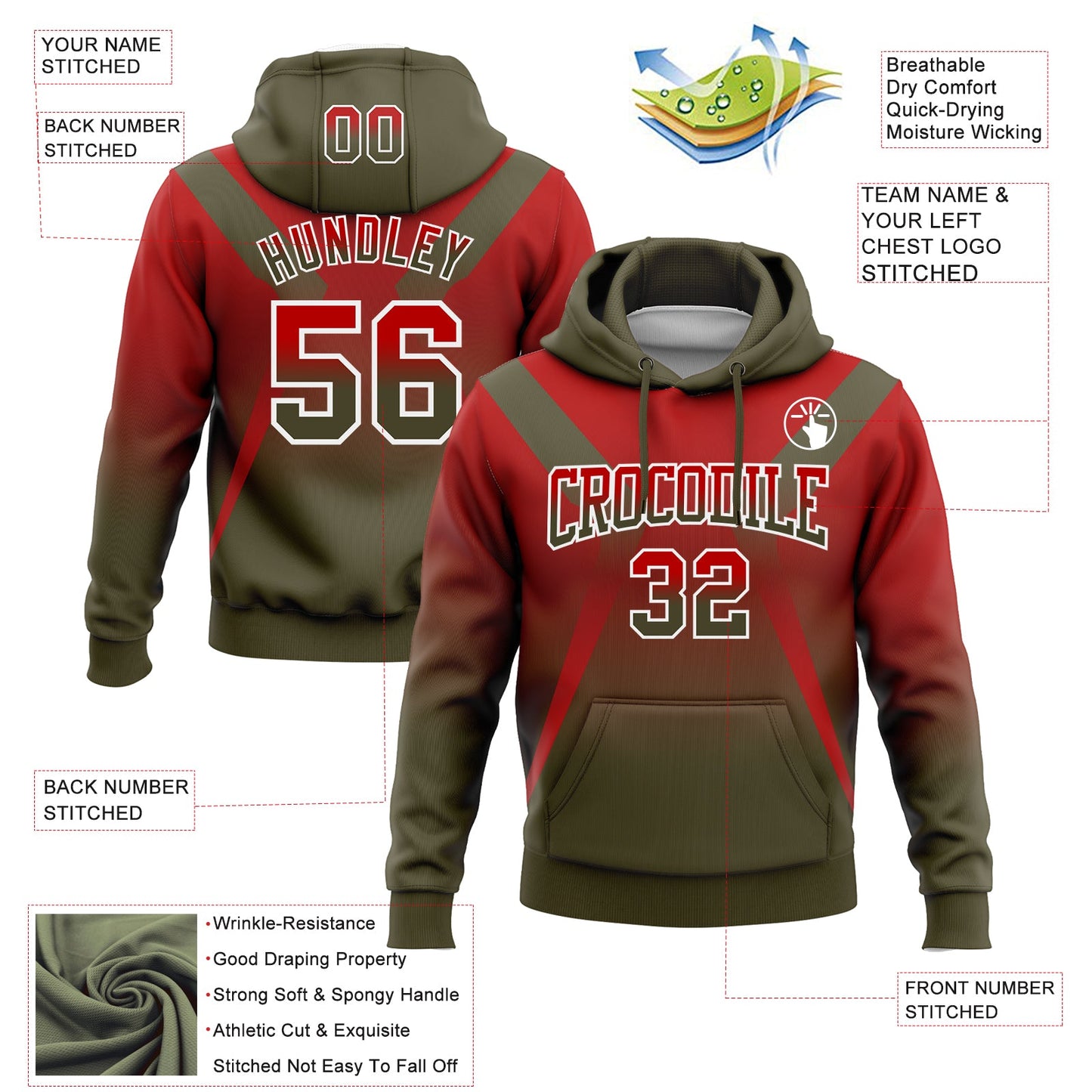Custom Stitched Red Olive-White Fade Fashion Arrow Sports Pullover Sweatshirt Hoodie view 2