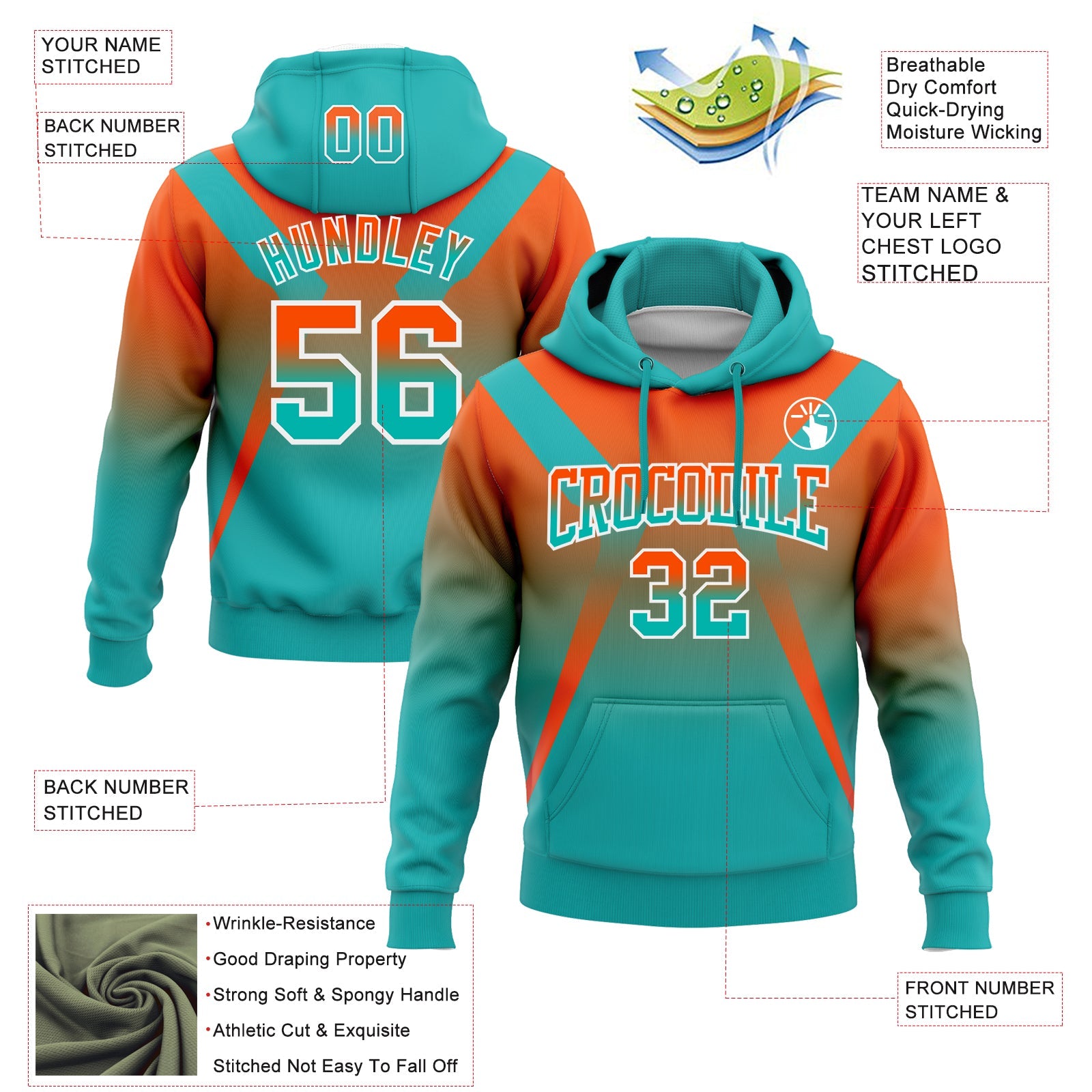 Custom Stitched Orange Aqua-White Fade Fashion Arrow Sports Pullover Sweatshirt Hoodie view 2