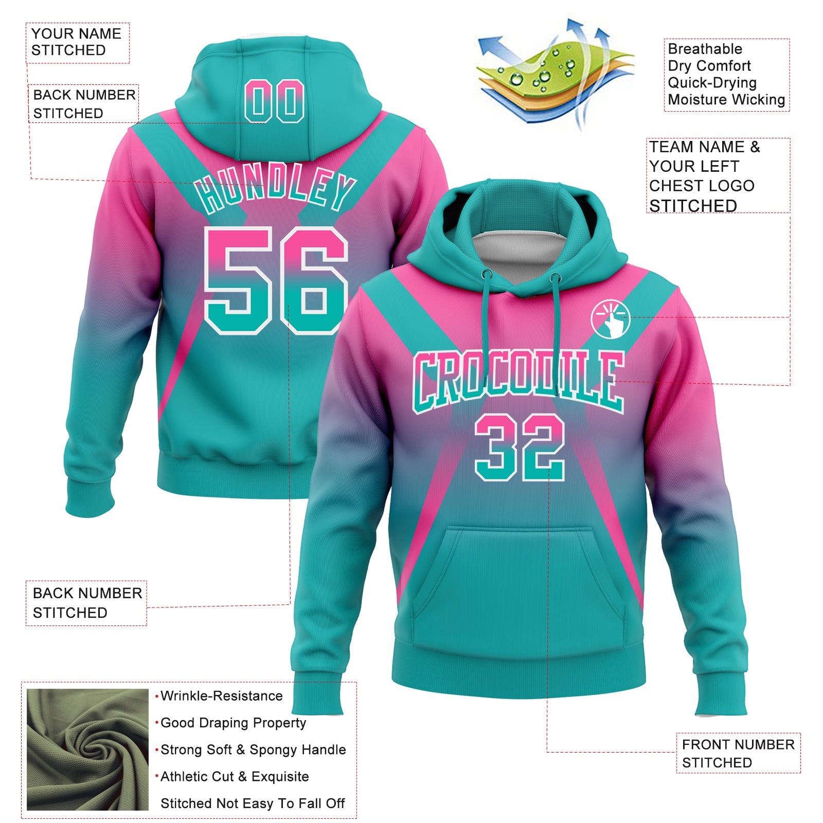 Custom Stitched Pink Aqua-White Fade Fashion Arrow Sports Pullover Sweatshirt Hoodie view 2