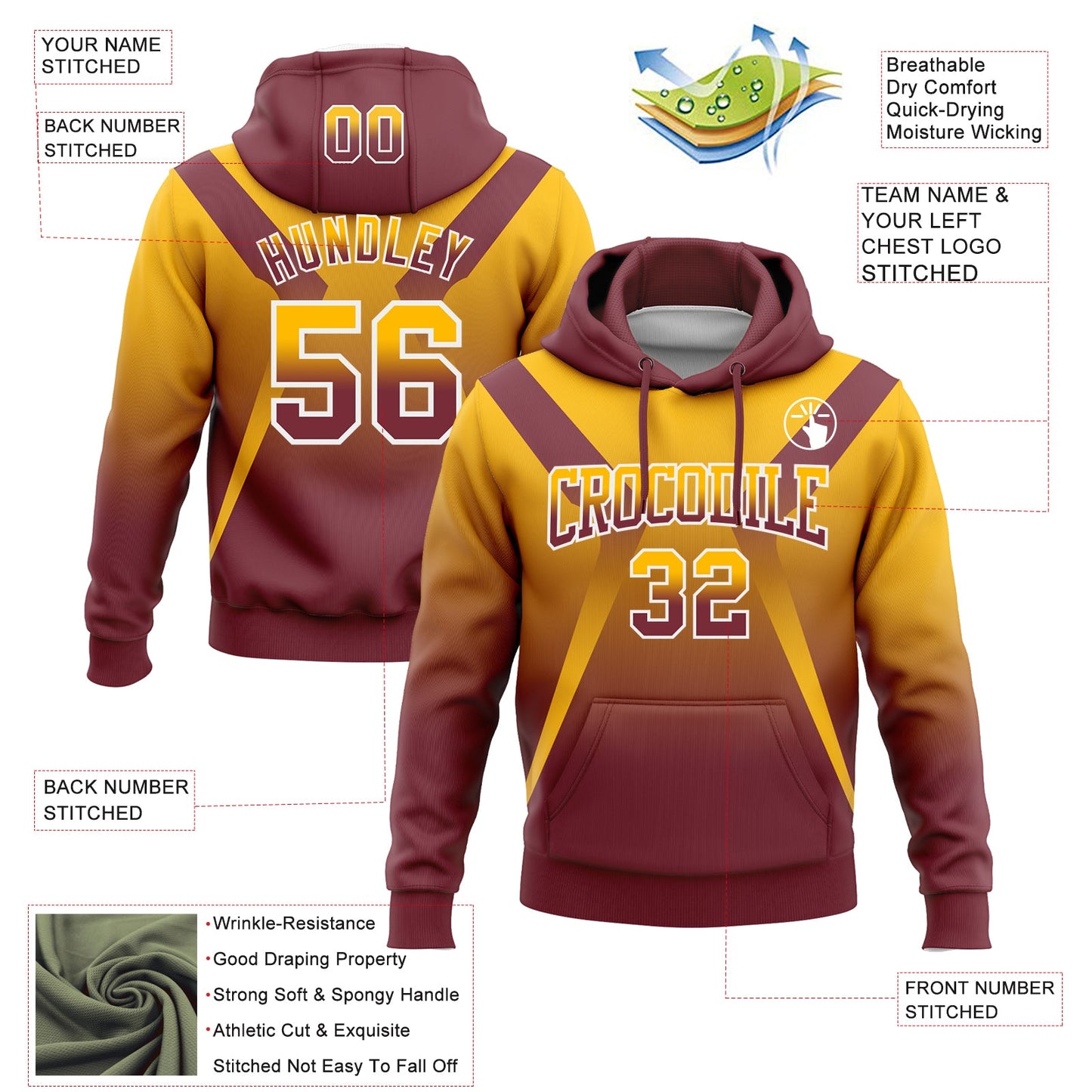 Custom Stitched Gold Burgundy-White Fade Fashion Arrow Sports Pullover Sweatshirt Hoodie view 2