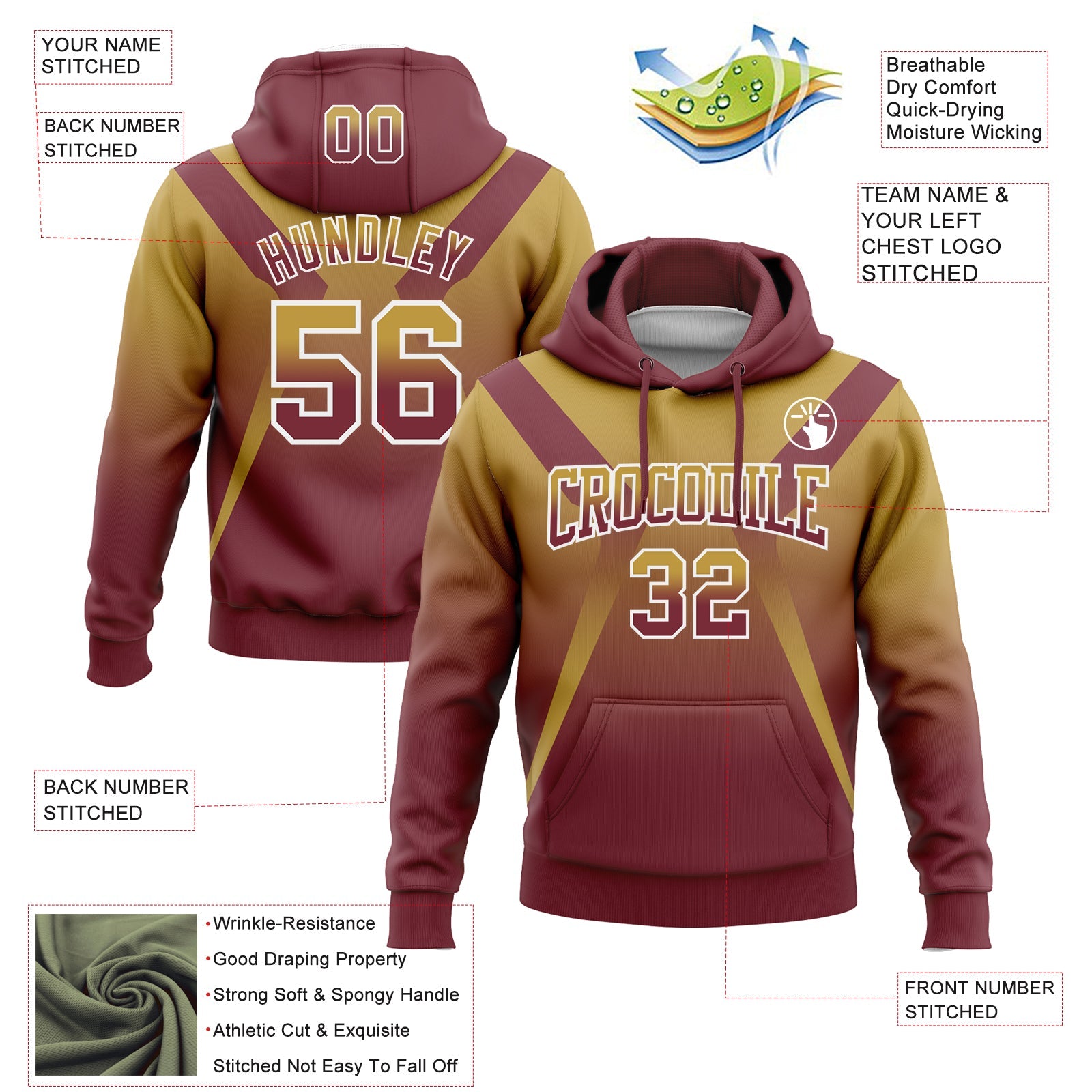 Custom Stitched Old Gold Burgundy-White Fade Fashion Arrow Sports Pullover Sweatshirt Hoodie view 2