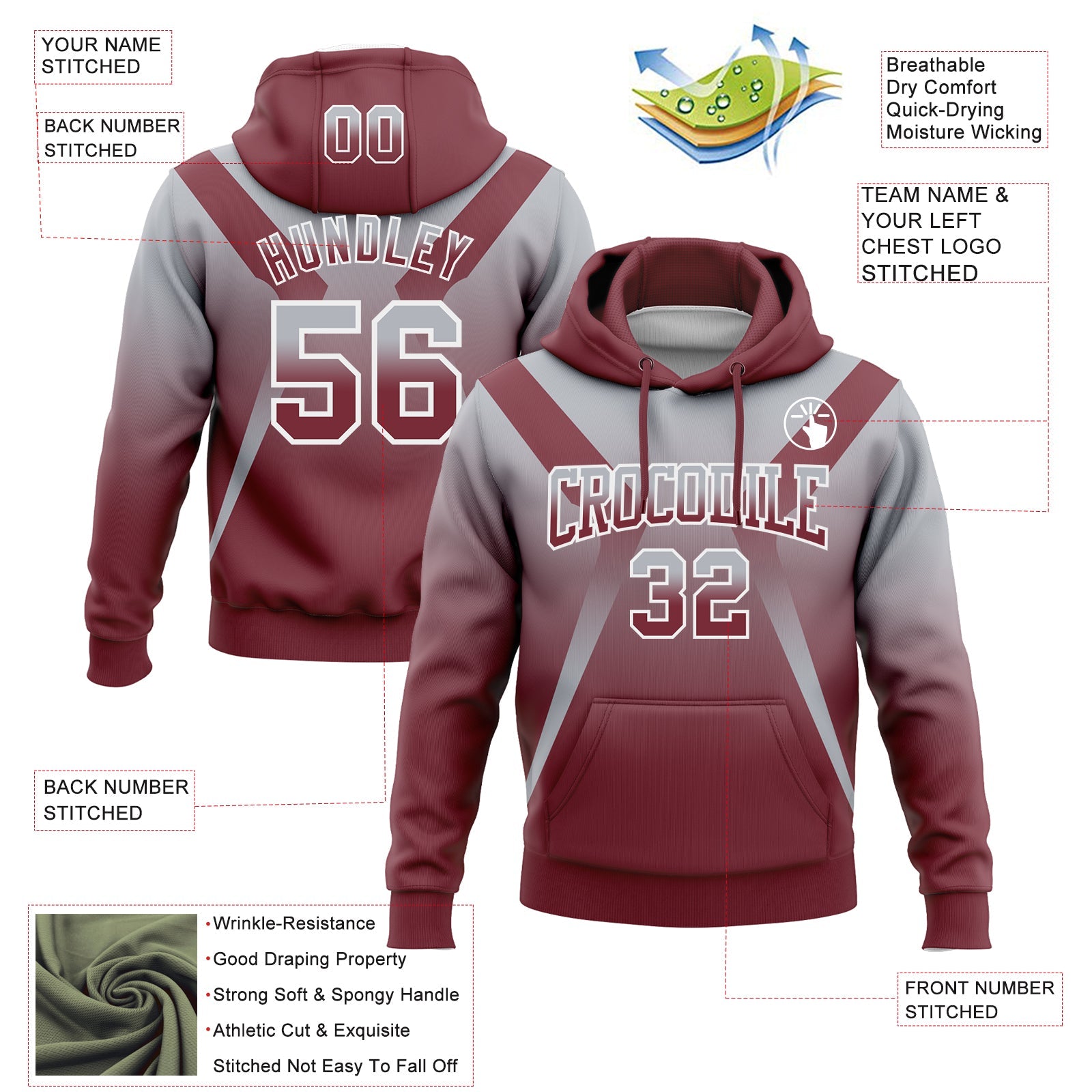 Custom Stitched Gray Burgundy-White Fade Fashion Arrow Sports Pullover Sweatshirt Hoodie view 2