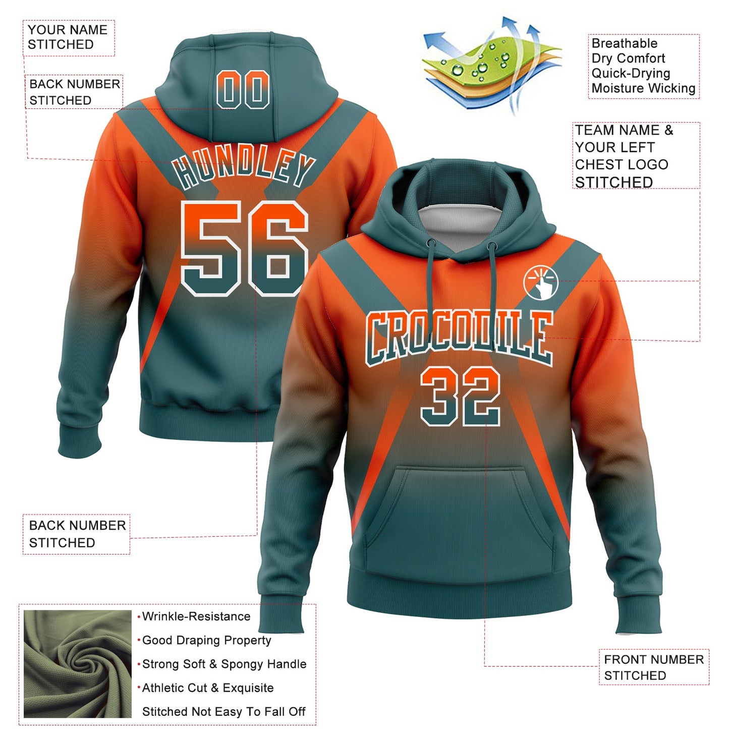 Custom Stitched Orange Midnight Green-White Fade Fashion Arrow Sports Pullover Sweatshirt Hoodie view 2