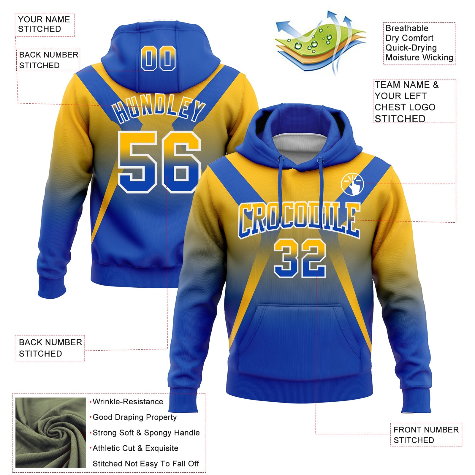 Custom Stitched Gold Thunder Blue-White Fade Fashion Arrow Sports Pullover Sweatshirt Hoodie view 2