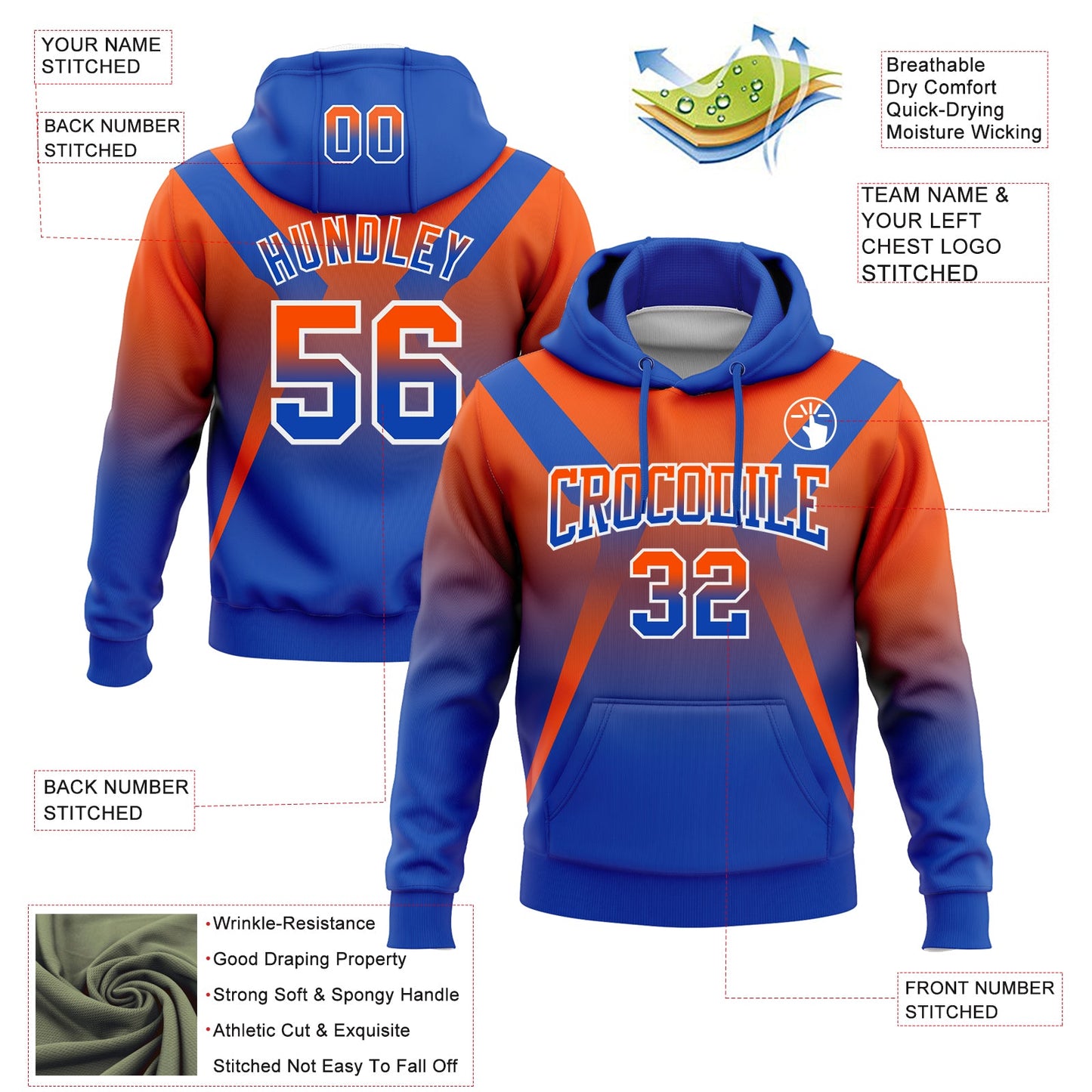 Custom Stitched Orange Thunder Blue-White Fade Fashion Arrow Sports Pullover Sweatshirt Hoodie view 2
