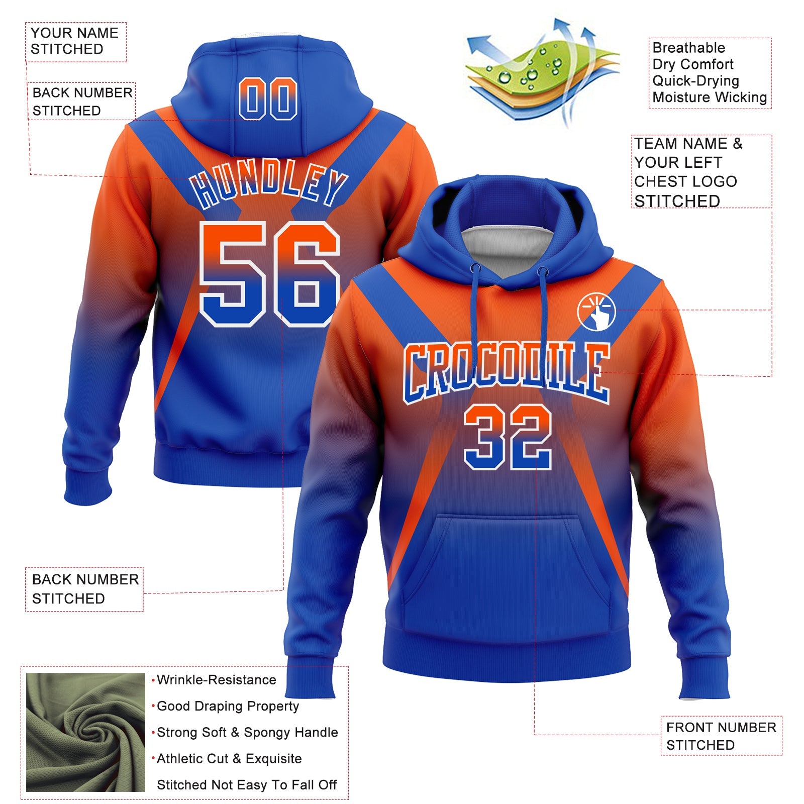Custom Stitched Orange Thunder Blue-White Fade Fashion Arrow Sports Pullover Sweatshirt Hoodie view 2