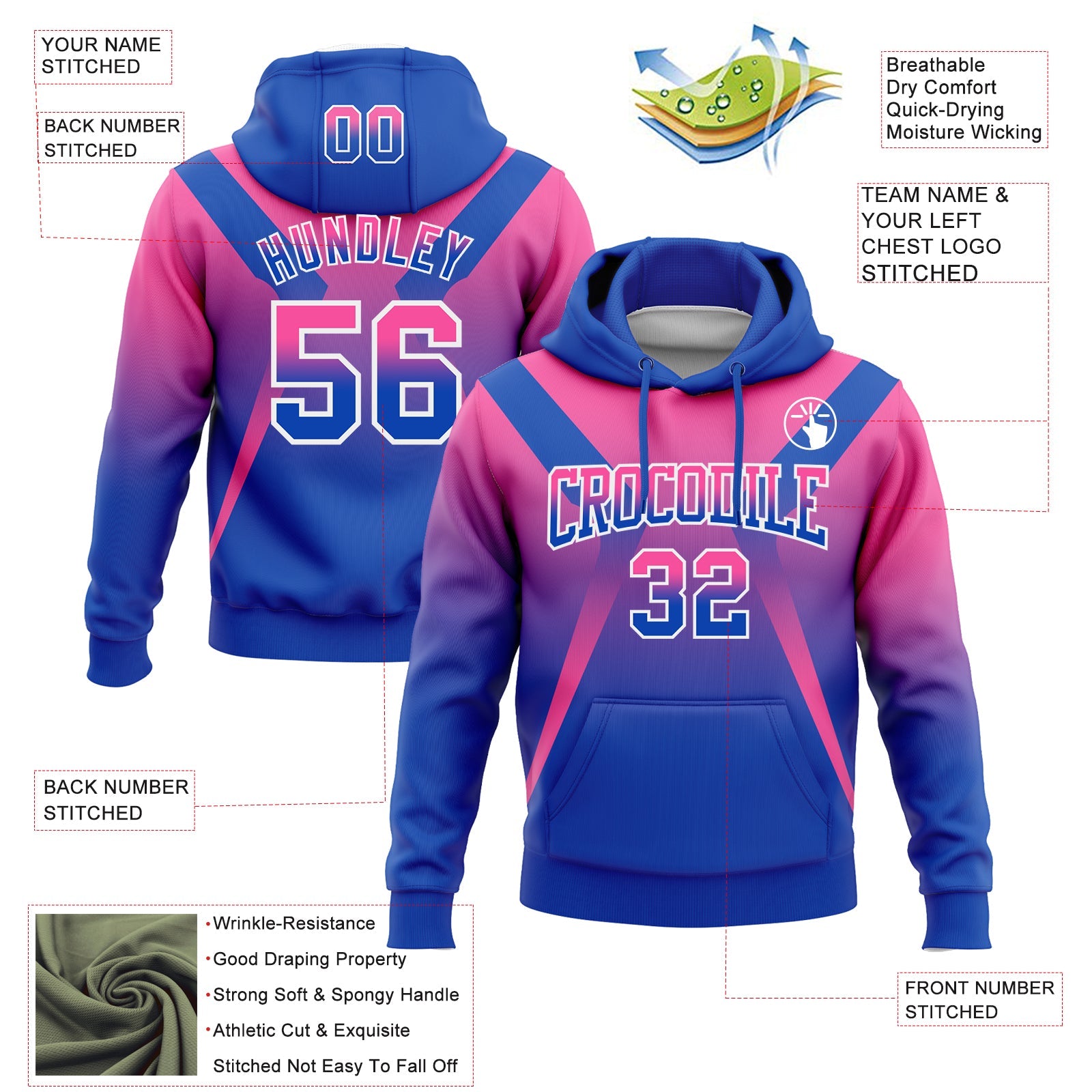 Custom Stitched Pink Thunder Blue-White Fade Fashion Arrow Sports Pullover Sweatshirt Hoodie view 2