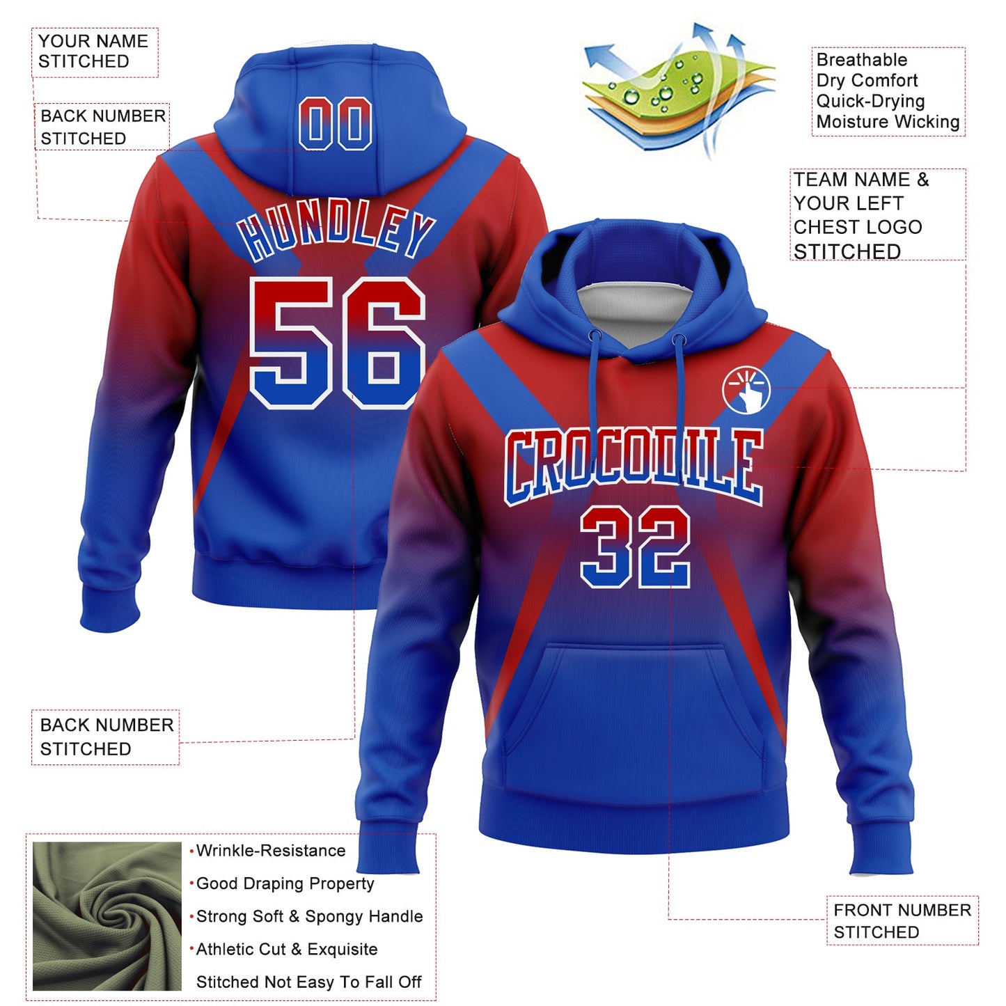 Custom Stitched Red Thunder Blue-White Fade Fashion Arrow Sports Pullover Sweatshirt Hoodie view 2