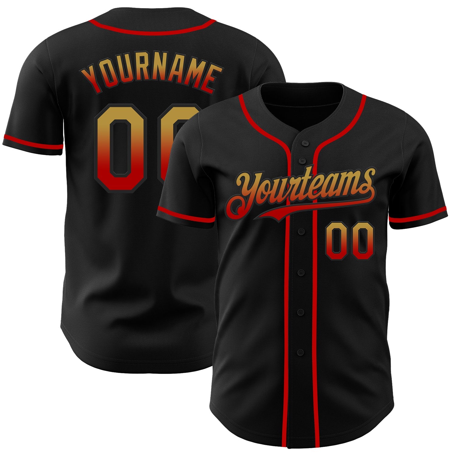 Custom Black Old Gold-Red Authentic Fade Fashion Baseball Jersey - Main View
