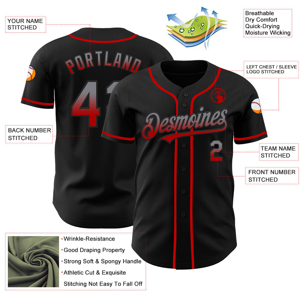 Custom Black Gray-Red Authentic Fade Fashion Baseball Jersey view 3