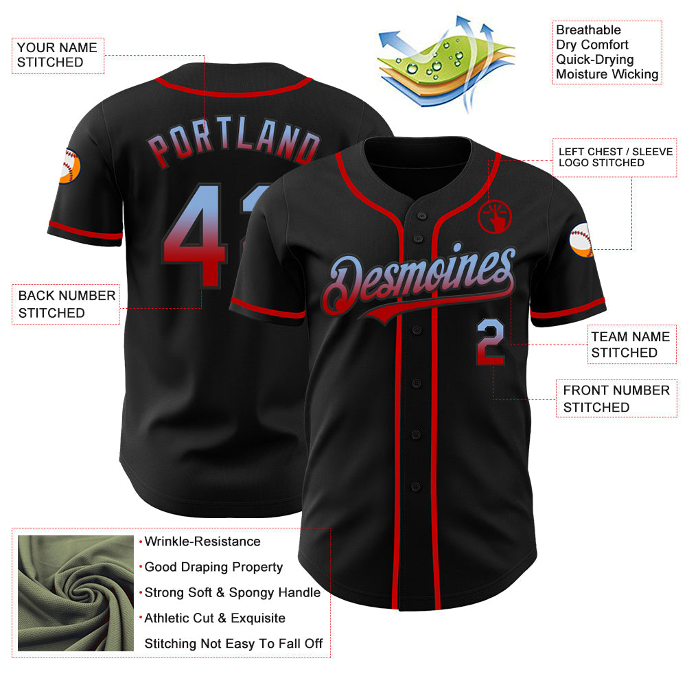 Custom Black Light Blue-Red Authentic Fade Fashion Baseball Jersey view 3