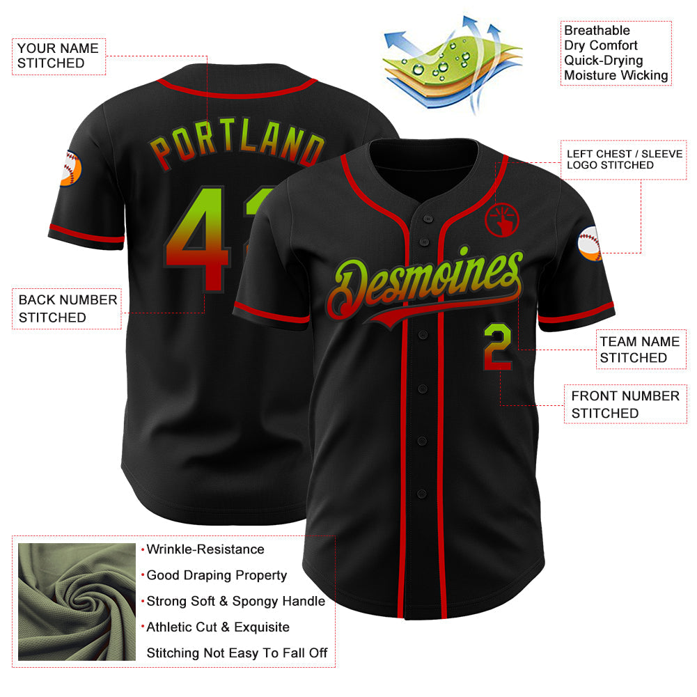 Custom Black Neon Green-Red Authentic Fade Fashion Baseball Jersey view 3