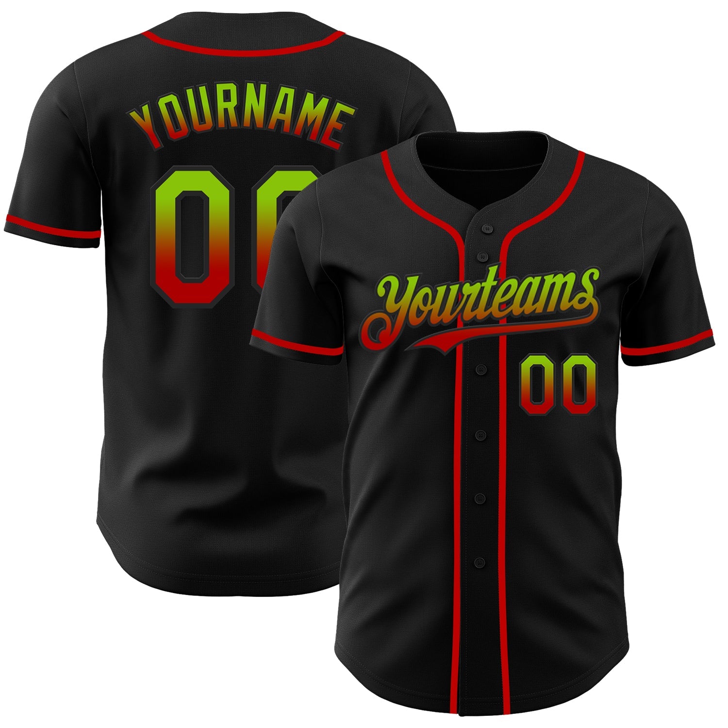 Custom Black Neon Green-Red Authentic Fade Fashion Baseball Jersey - Main View