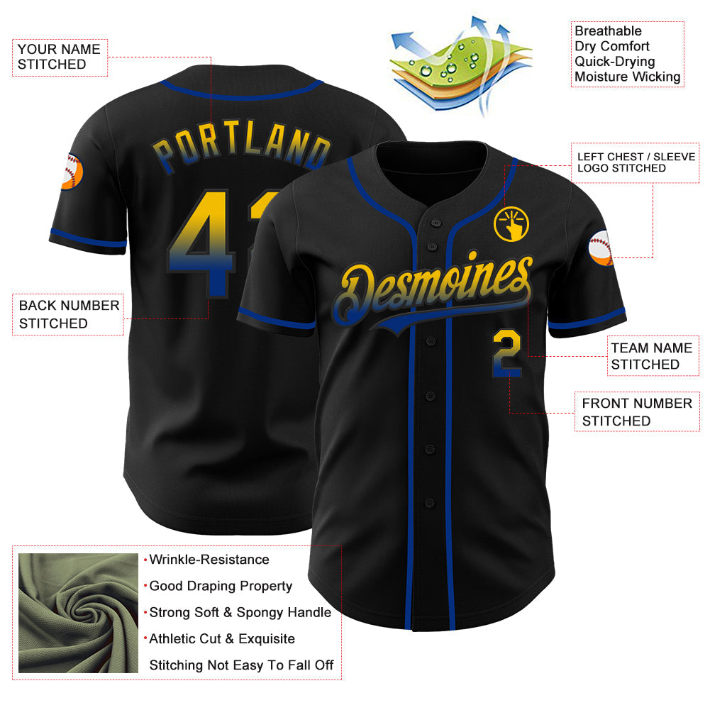 Custom Black Yellow-Royal Authentic Fade Fashion Baseball Jersey view 3
