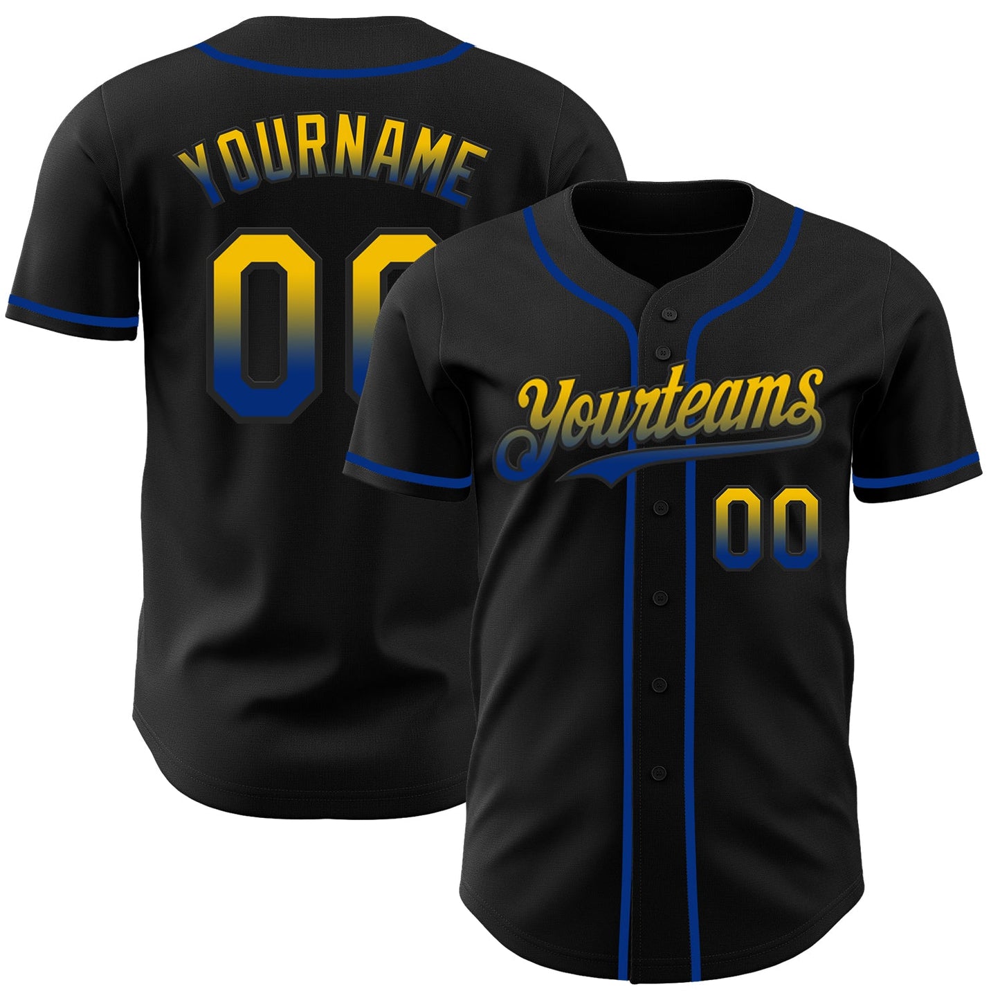 Custom Black Yellow-Royal Authentic Fade Fashion Baseball Jersey - Main View