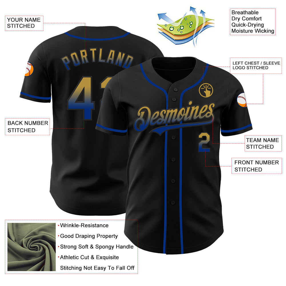 Custom Black Old Gold-Royal Authentic Fade Fashion Baseball Jersey view 3