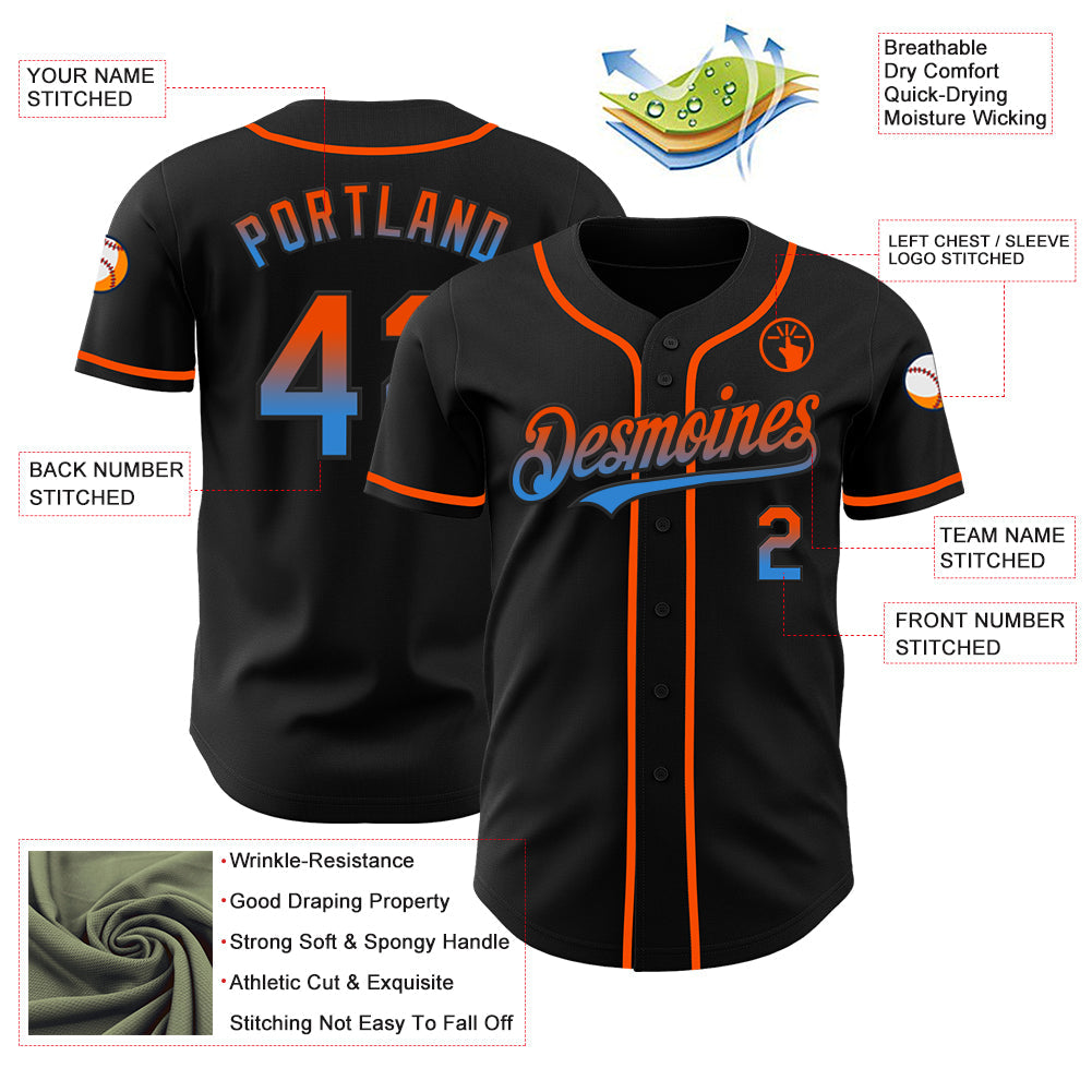 Custom Black Orange-Electric Blue Authentic Fade Fashion Baseball Jersey view 3