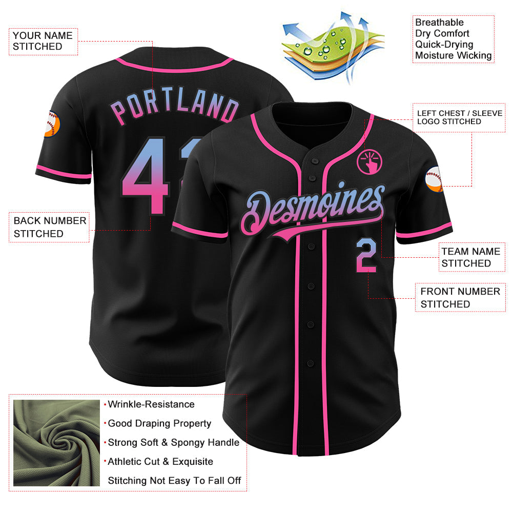 Custom Black Light Blue-Pink Authentic Fade Fashion Baseball Jersey view 3