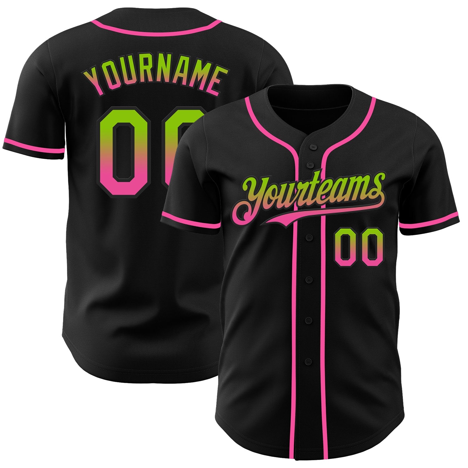 Custom Black Neon Green-Pink Authentic Fade Fashion Baseball Jersey - Main View