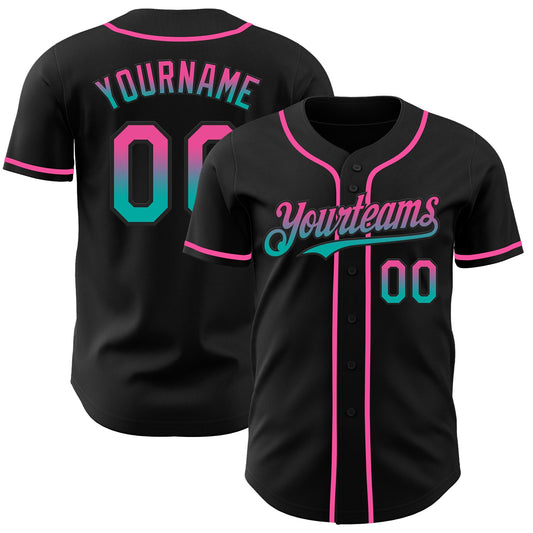 Custom Black Pink-Aqua Authentic Fade Fashion Baseball Jersey - Main View