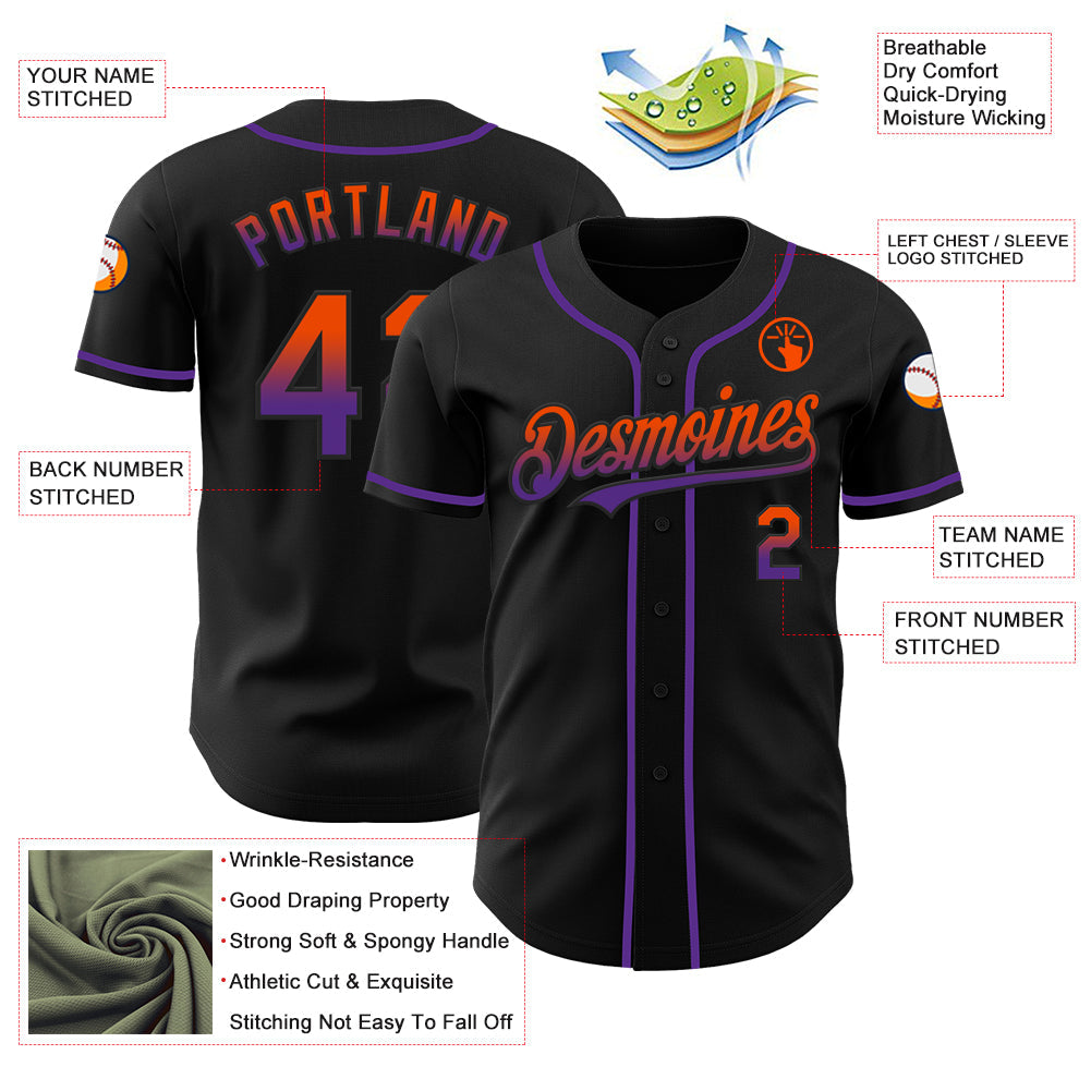 Custom Black Orange-Purple Authentic Fade Fashion Baseball Jersey view 3