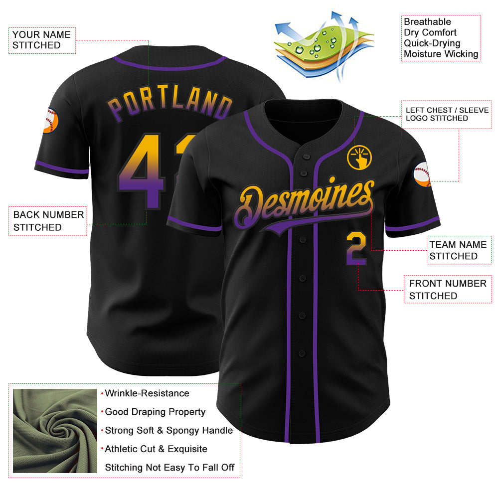 Custom Black Gold-Purple Authentic Fade Fashion Baseball Jersey view 3