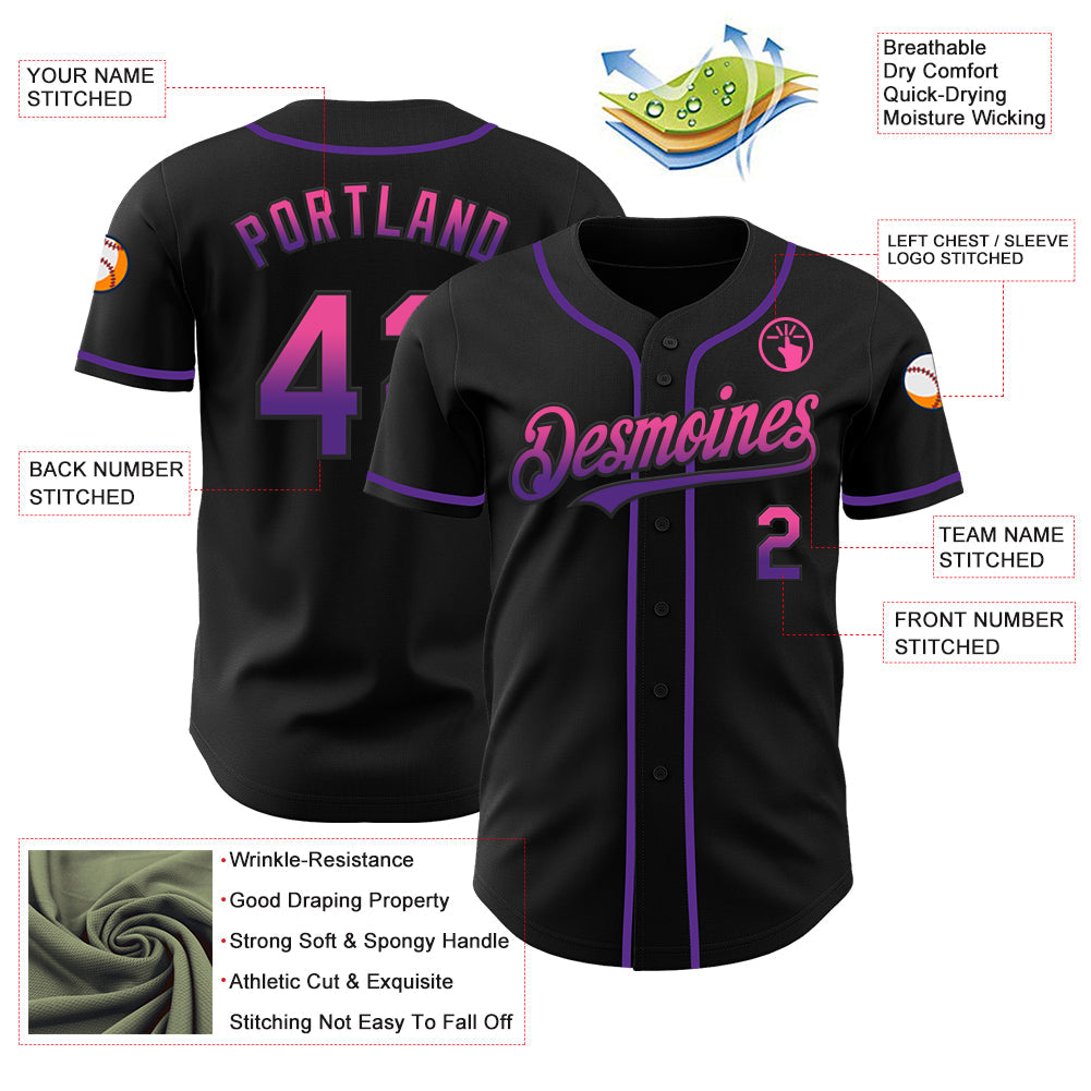 Custom Black Pink-Purple Authentic Fade Fashion Baseball Jersey view 3