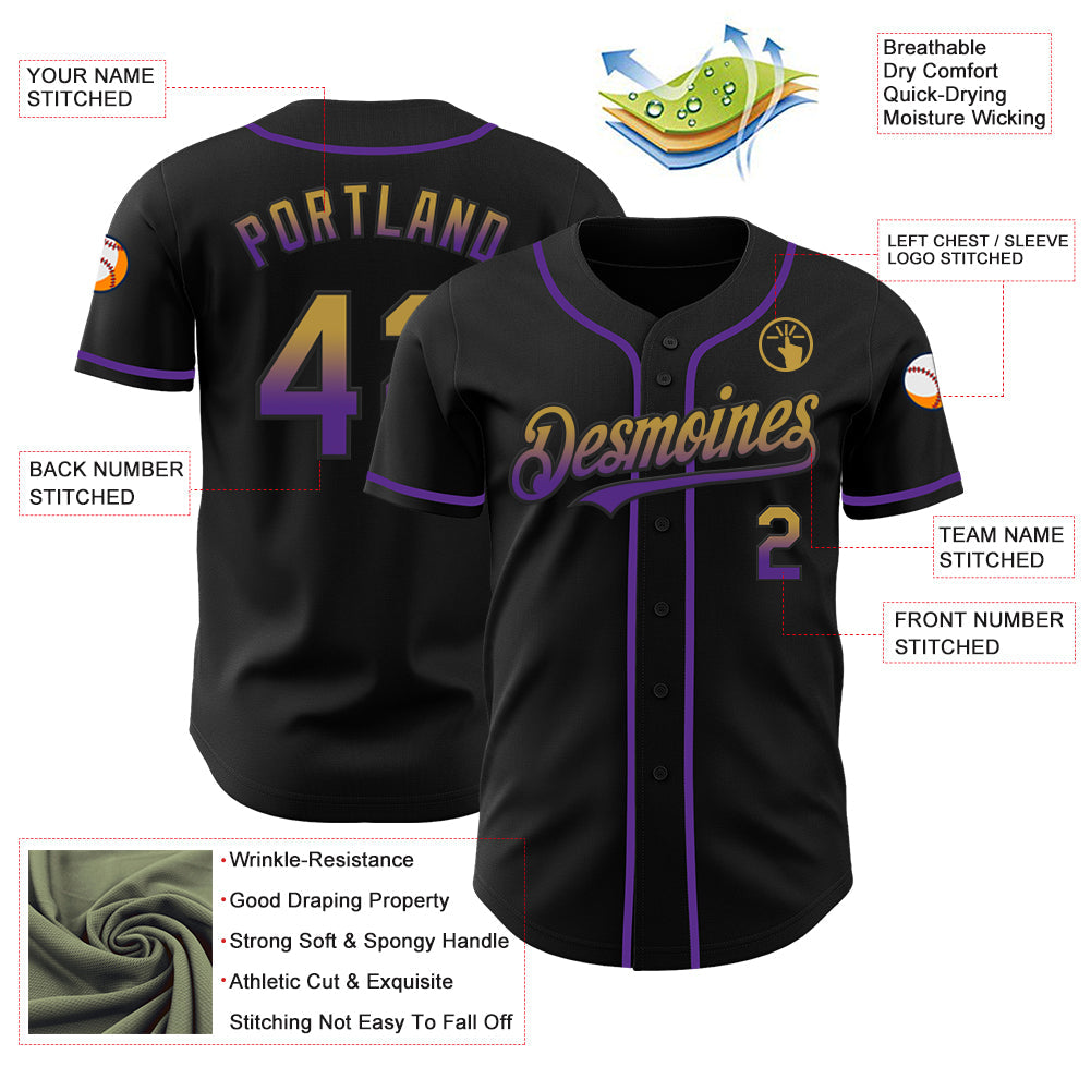 Custom Black Old Gold-Purple Authentic Fade Fashion Baseball Jersey view 3
