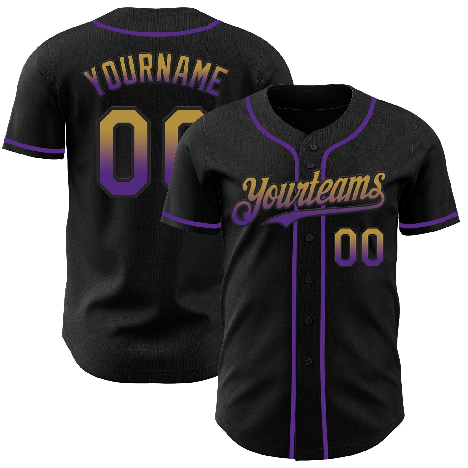 Custom Black Old Gold-Purple Authentic Fade Fashion Baseball Jersey - Main View