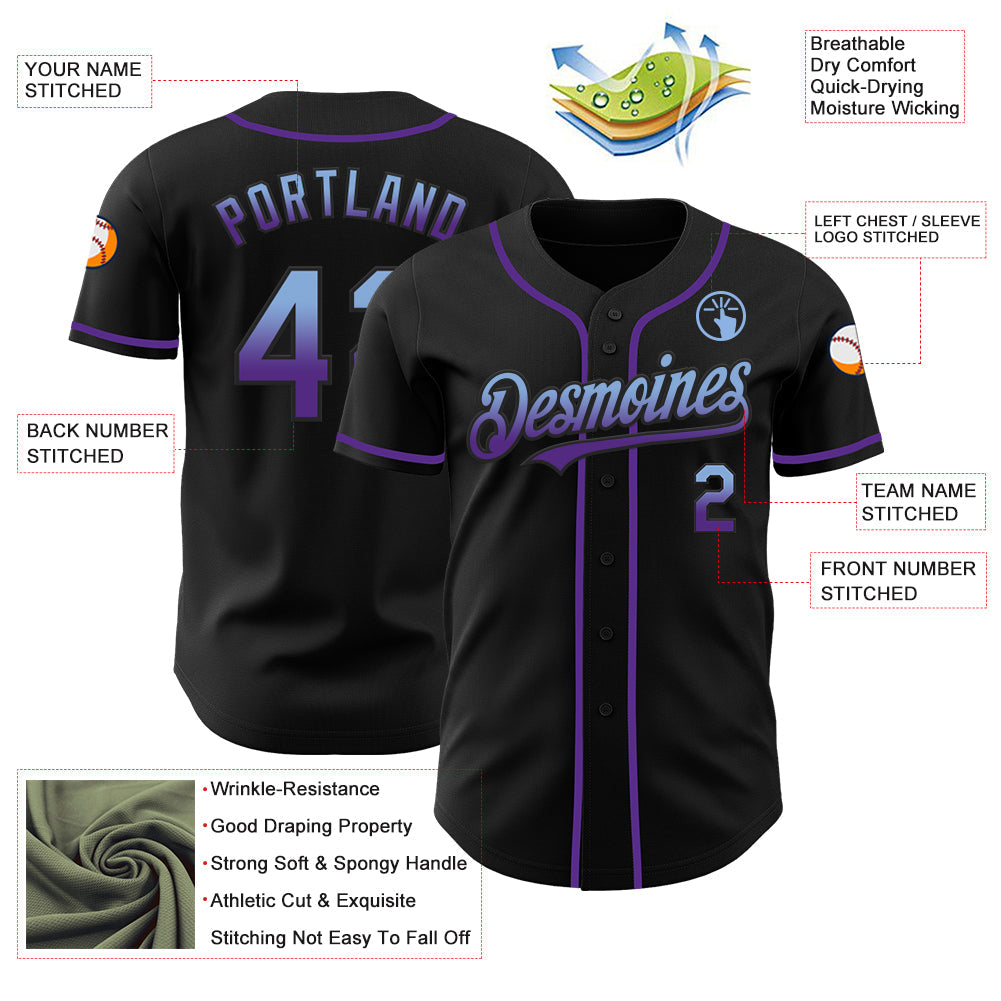 Custom Black Light Blue-Purple Authentic Fade Fashion Baseball Jersey view 3