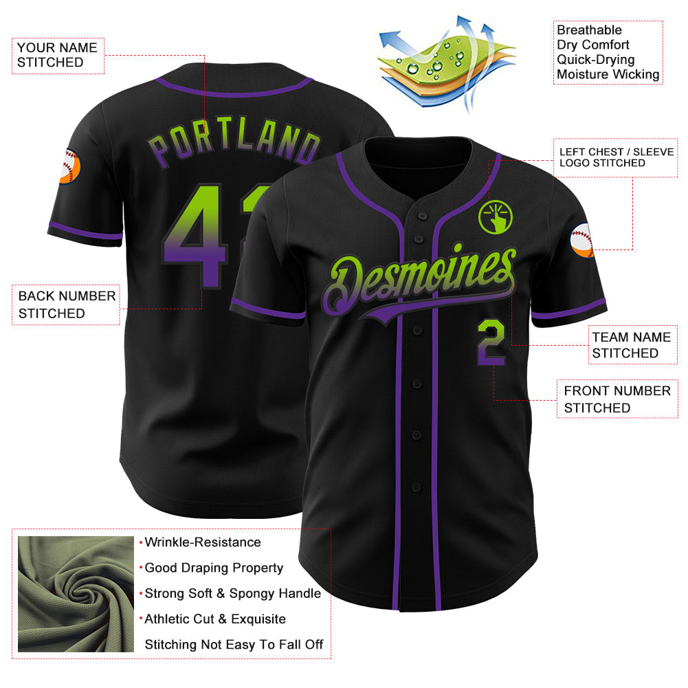 Custom Black Neon Green-Purple Authentic Fade Fashion Baseball Jersey view 3