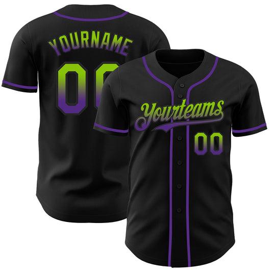 Custom Black Neon Green-Purple Authentic Fade Fashion Baseball Jersey - Main View