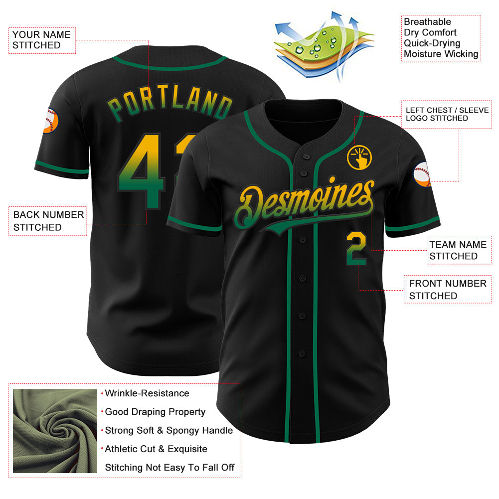 Custom Black Gold-Kelly Green Authentic Fade Fashion Baseball Jersey view 3