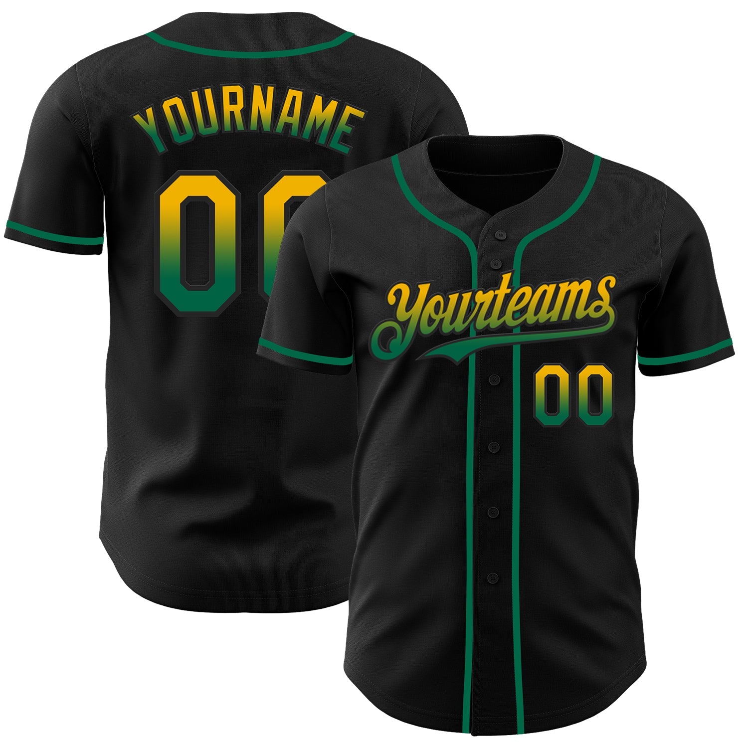 Custom Black Gold-Kelly Green Authentic Fade Fashion Baseball Jersey - Main View