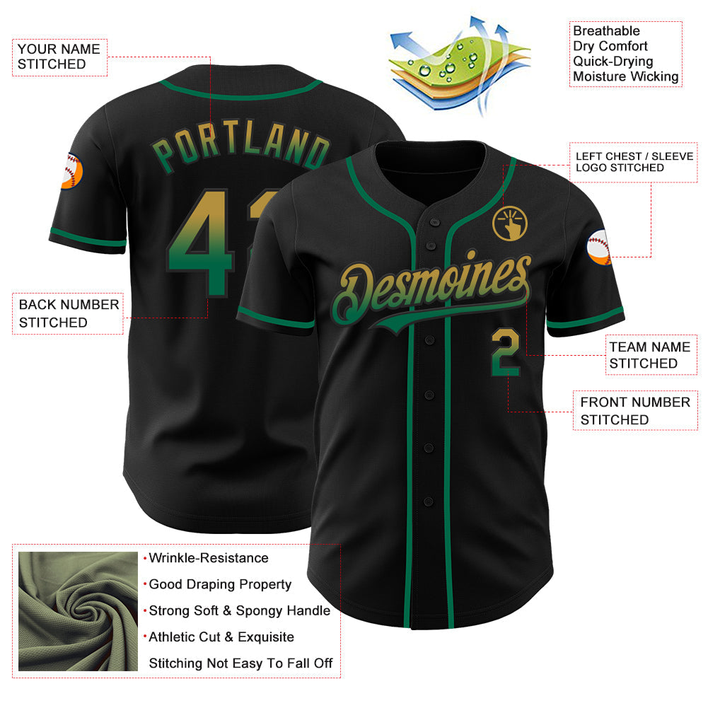 Custom Black Old Gold-Kelly Green Authentic Fade Fashion Baseball Jersey view 3