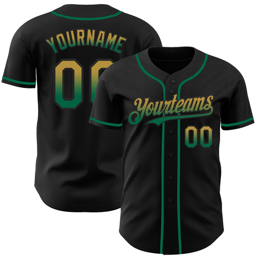 Custom Black Old Gold-Kelly Green Authentic Fade Fashion Baseball Jersey - Main View