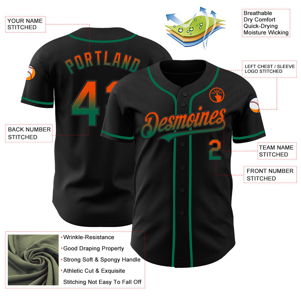 Custom Black Orange-Kelly Green Authentic Fade Fashion Baseball Jersey view 3