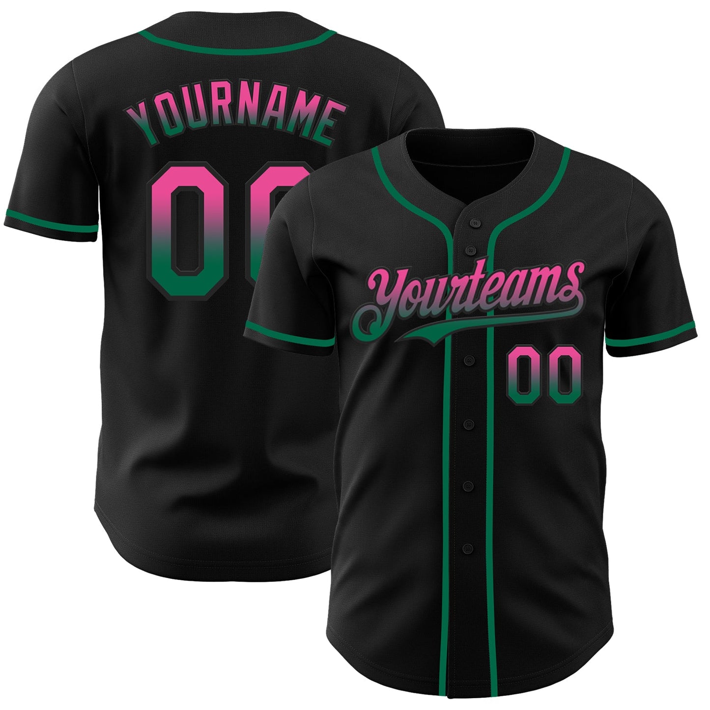 Custom Black Pink-Kelly Green Authentic Fade Fashion Baseball Jersey - Main View