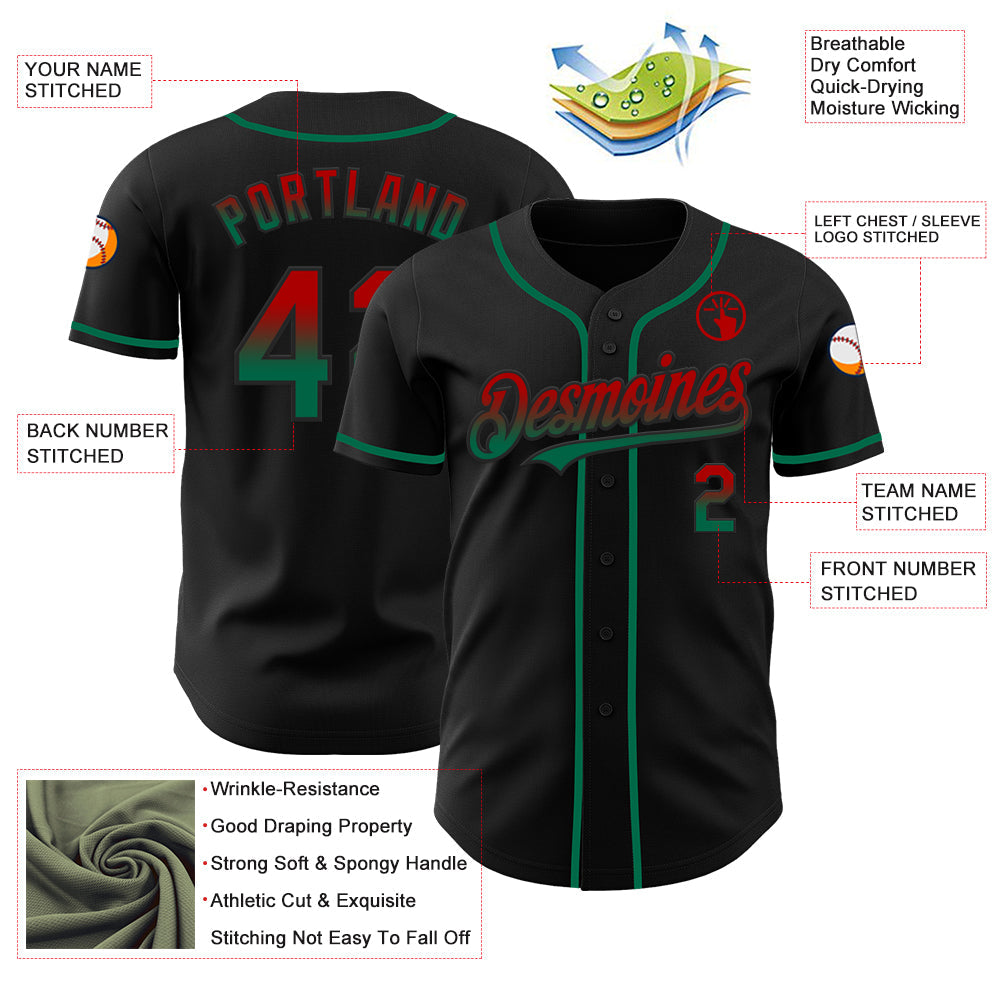 Custom Black Red-Kelly Green Authentic Fade Fashion Baseball Jersey view 3