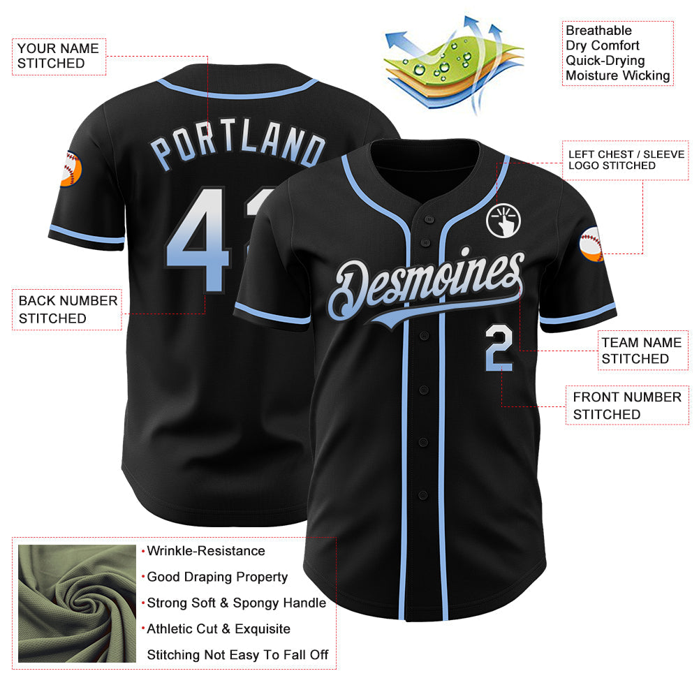 Custom Black White-Light Blue Authentic Fade Fashion Baseball Jersey view 3