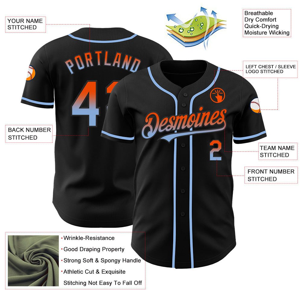Custom Black Orange-Light Blue Authentic Fade Fashion Baseball Jersey view 3