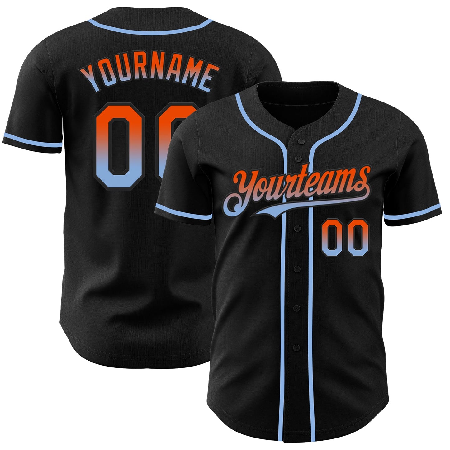 Custom Black Orange-Light Blue Authentic Fade Fashion Baseball Jersey - Main View