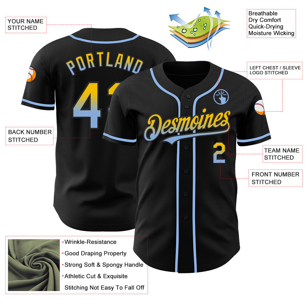 Custom Black Yellow-Light Blue Authentic Fade Fashion Baseball Jersey view 3