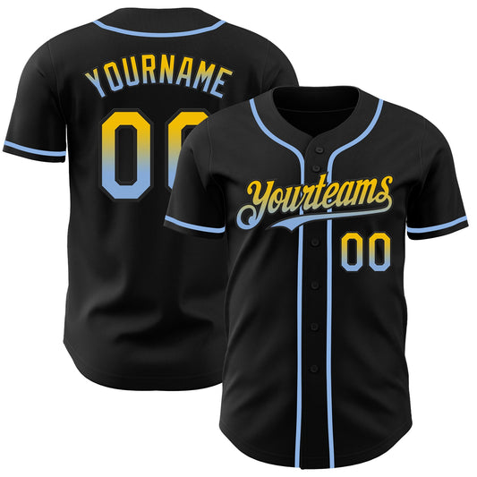 Custom Black Yellow-Light Blue Authentic Fade Fashion Baseball Jersey - Main View
