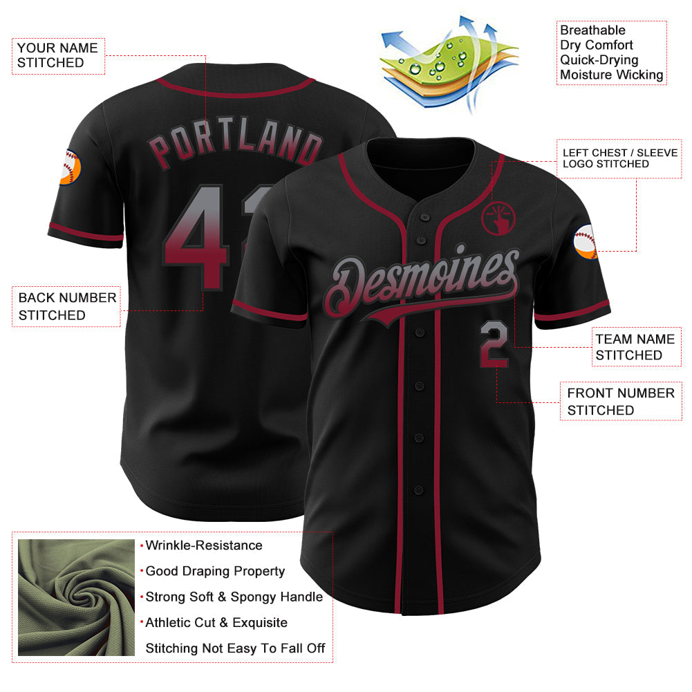 Custom Black Gray-Crimson Authentic Fade Fashion Baseball Jersey view 3