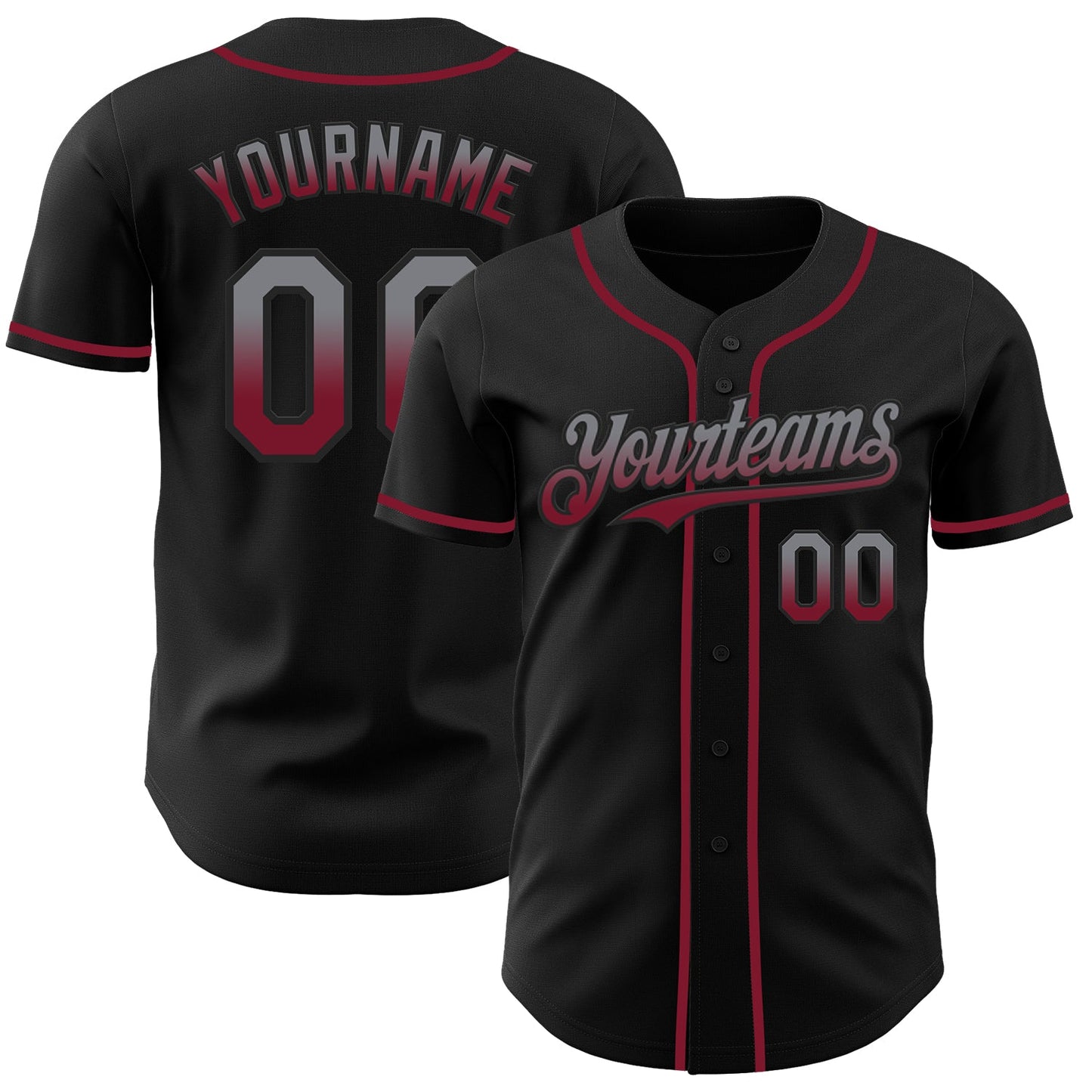 Custom Black Gray-Crimson Authentic Fade Fashion Baseball Jersey - Main View
