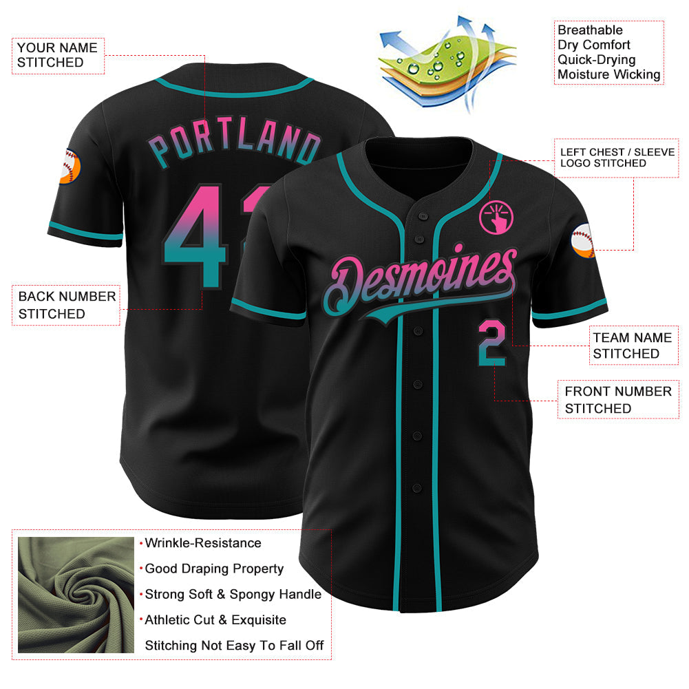 Custom Black Pink-Teal Authentic Fade Fashion Baseball Jersey view 3