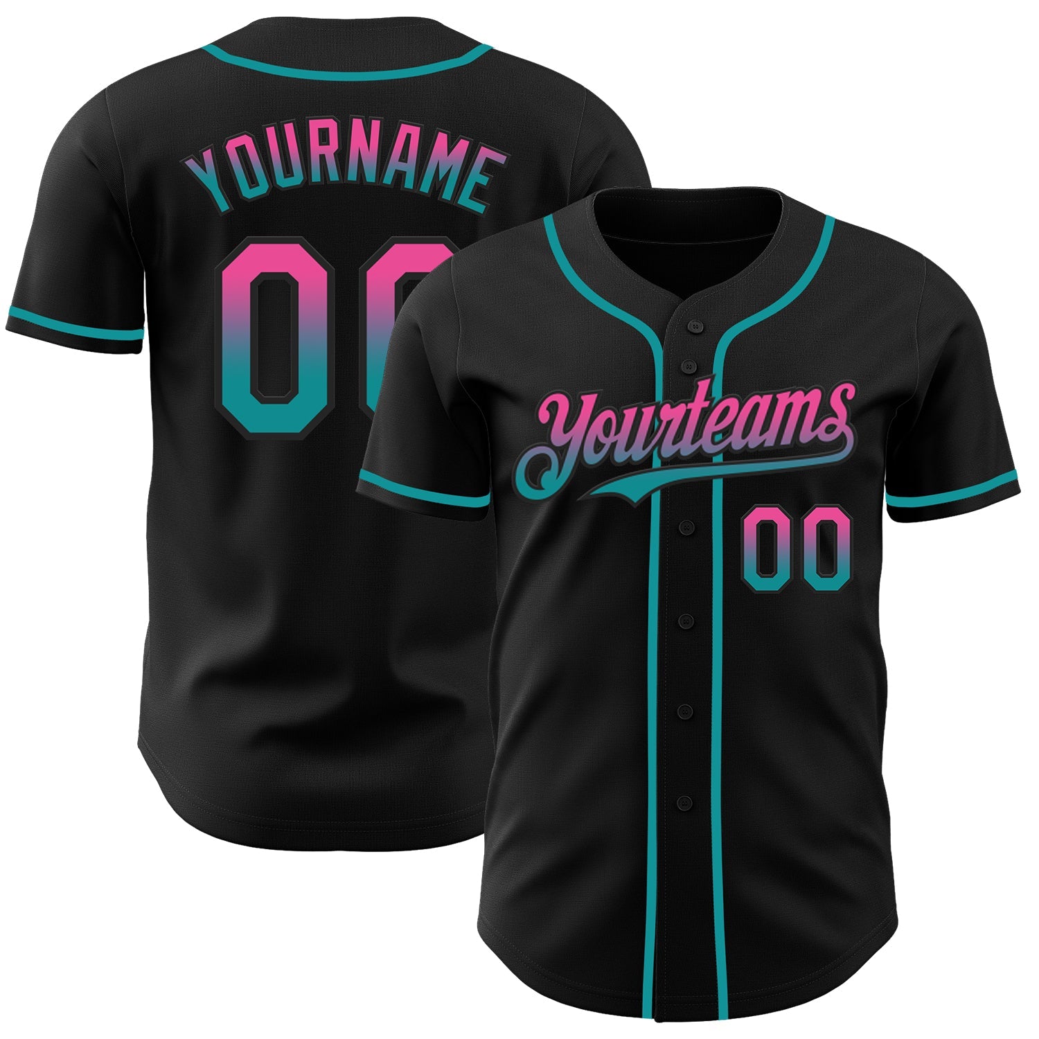 Custom Black Pink-Teal Authentic Fade Fashion Baseball Jersey - Main View