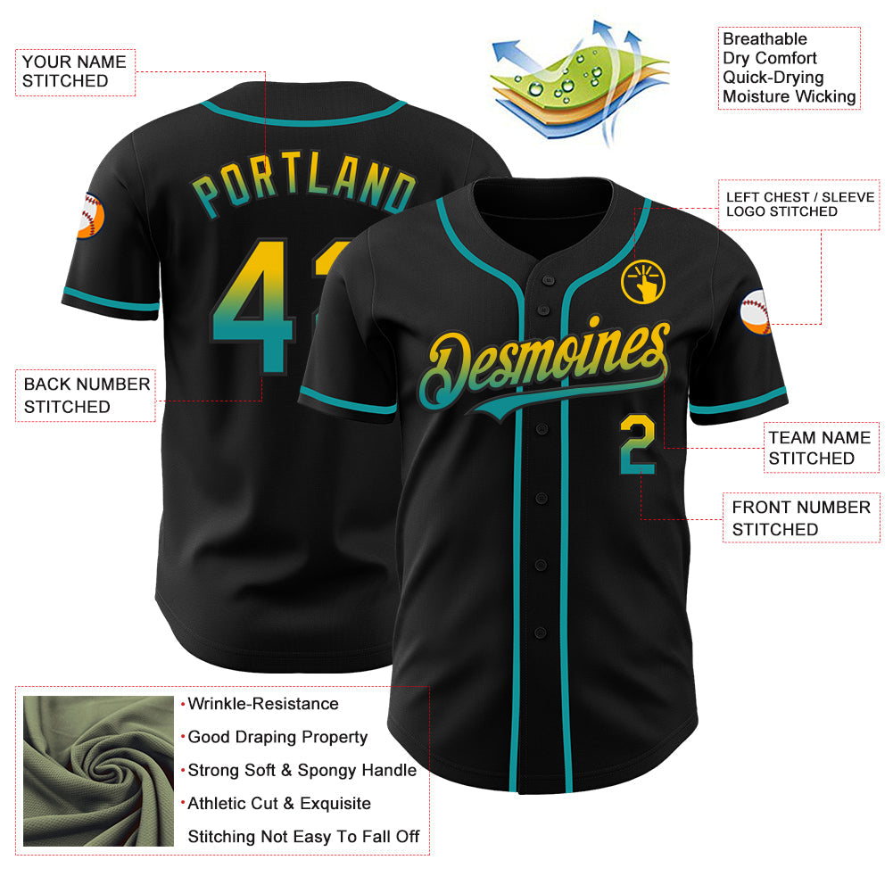 Custom Black Yellow-Teal Authentic Fade Fashion Baseball Jersey view 3